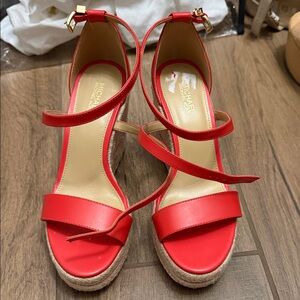 Michael Kors Red Leather Espadrille Wedge Sandals